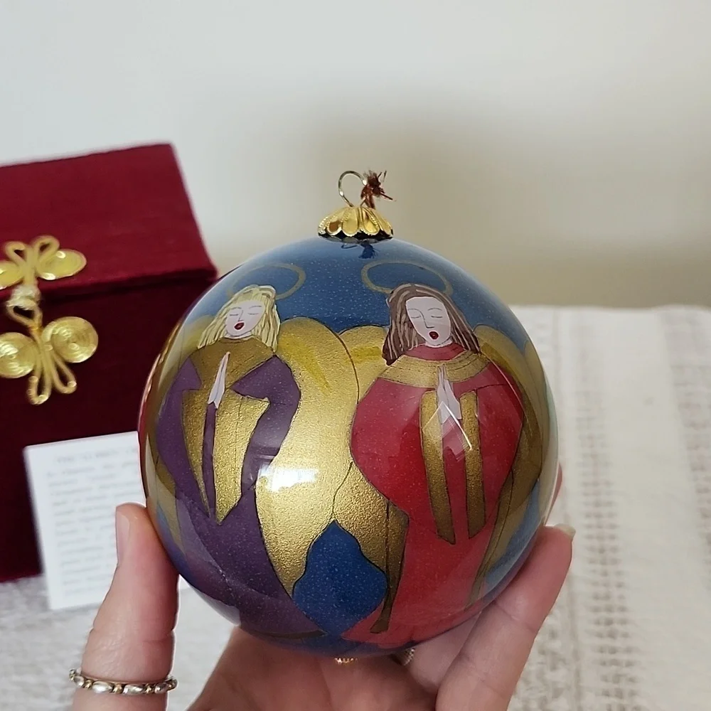 Hand Painted Christmas Ornament of Praying Angels, Big Ball Ornament.